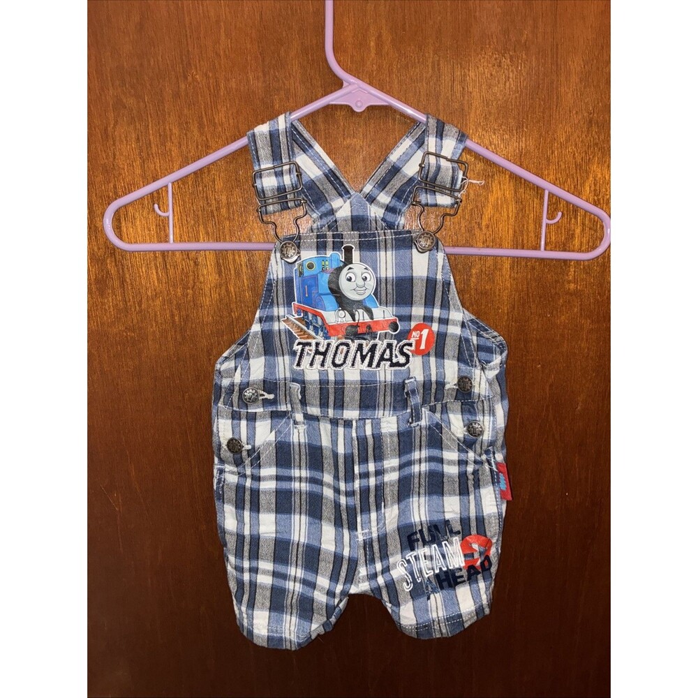 Thomas The Train Baby Plaid Thomas Embroidered Overalls Size 12 Months Y2K